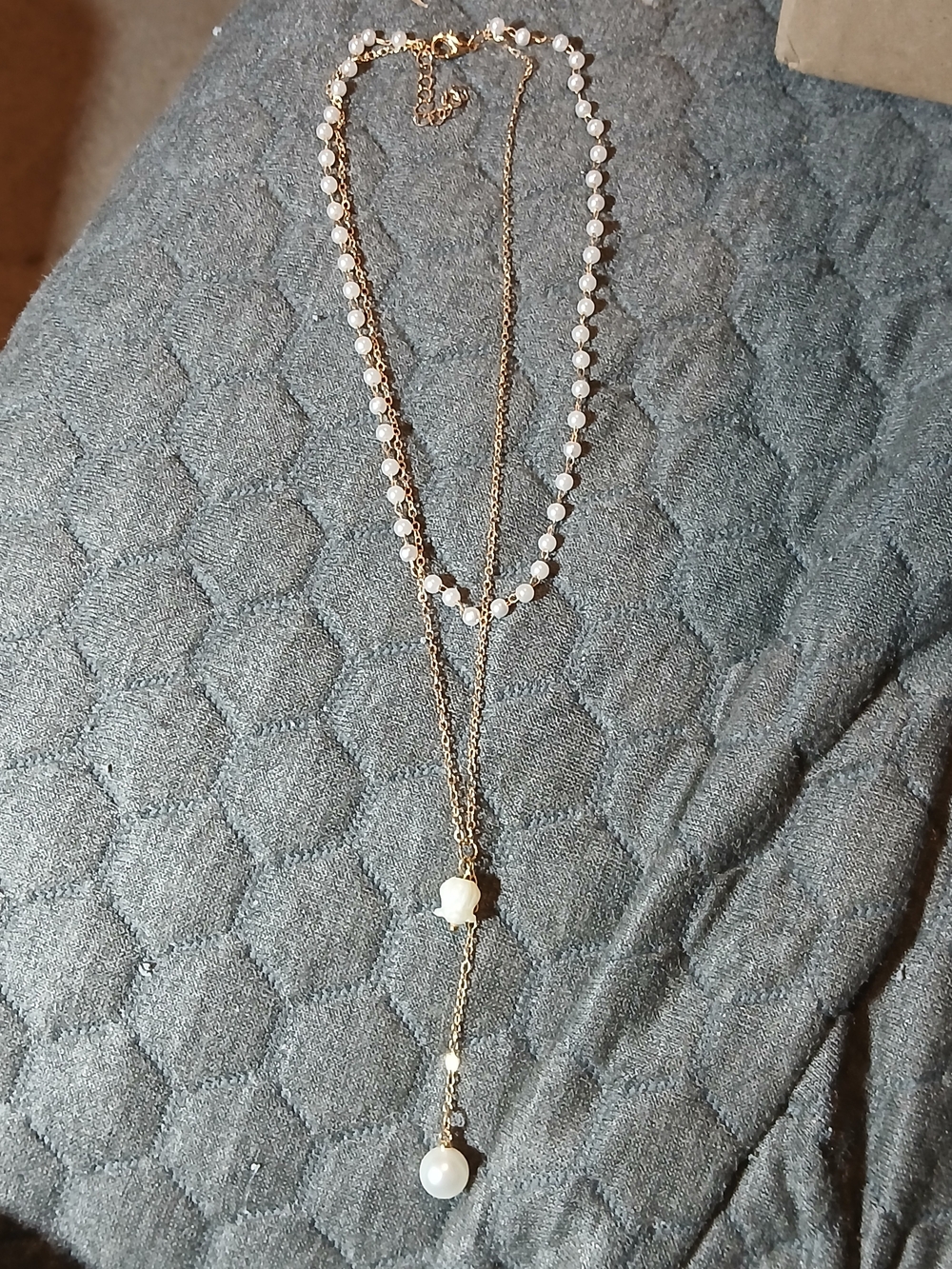 Gold Layered Pearl Y Necklace - Elegant Gold & White Pendant